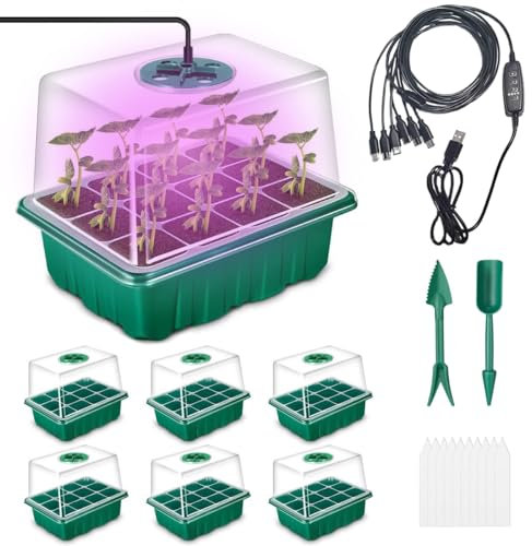 AmoJLnks 6 Pack Seed Tray with Grow Lights,72 Cell Seedling Propagation Trays with Elevated Lids,Reusable Plastic Germination Starter Kit for Greenhouse and Garden (6 * 72 Seed Trays With Grow Light)