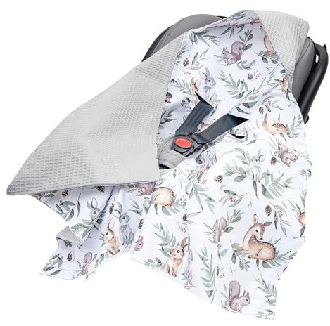 Medi Partners Einschlagdecke Baby Babyschale 100% Baumwolle für Sommer 85x85cm Kinderwagen Kuscheldecke universal Baby Decke Einschlagdecken Babydecke Buggy Autositz (Hirsch mit grauem Waffel)