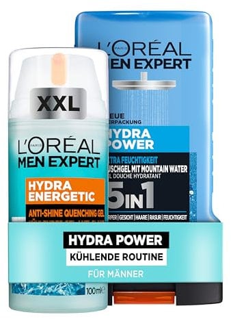 L'Oréal Men Expert kühlendes Pflegeset für Männer, Mit XXL Gesichtspflege & Duschgel, Set für Herren mit Meeresquellwasser & Mountain Water, Hydra Energy, Hydra Power, 2-teilig