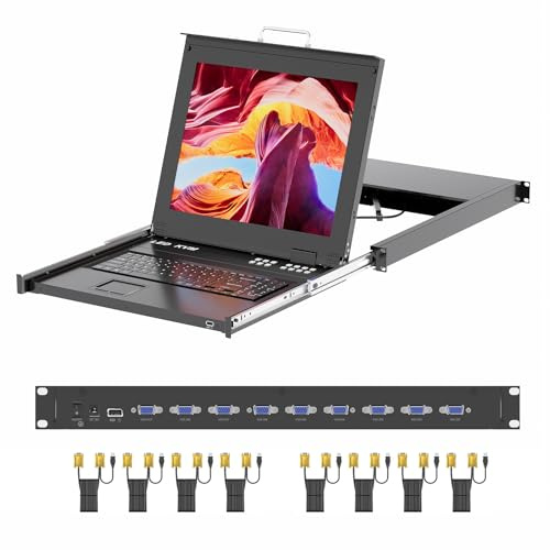 1U Rack Mount KVM Console,Arvitek 17 LCD Monitor KVM Switch 8 Port VGA w/Cables,Keyboard Touchpad,Fits 23.6–31.8 Rack Depth, Support 1280 * 1024