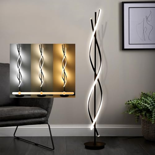 IEDZBEQ Lampadaire sur Pied Salon LED Lampadaire Dimmable Moderne Spirale Design Lampe Salon 3000K-6001K Intensité Variable en Continu,Télécommande Et Contrôle Pédale pour Chambre Et Bureau (Black)