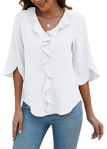 ABINGOO Mujer Verano Blusas Gasa Elegantes Manga 3/4 Cuello en V Camisas | Volantes Color Sólido Túnica Blusones Casual Blusa Vestir Camisa Fiesta Tops