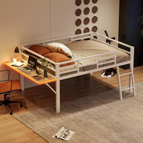 Kinderbett Halbhohes Bett Metallbett 140x200 cm, Etagenbett Hochbett mit Leiter&Schreibtisch mit LED-Lichtband, Doppelbett Stockbett Bettgestell mit Rausfallschutz&Lattenrost, Ohne Matratze, Weiß