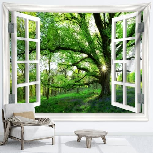 Hoisy 3D Wandteppich Landschaft, Wandteppich Natur Dschungel xxl Wald 240 x 220cm Wandtuch Fensterblick
