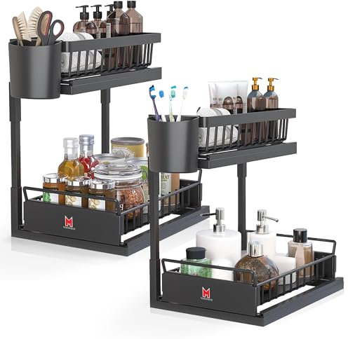 Maestrox 2 Pack Metal Under The Sink Organiser 2-Tier Multi-Purpose Rustproof Storage Shelf, Under The Cabnet Organiser with Hooks & Cupboard for Kitchen & Bathroom Sliding Tray