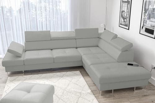 Ecksofa GALAXY 225x280 cm aus Echtleder – Ledersofa mit Schlaffunktion und Bettkasten, verstellbare Kopfstützen und Armlehnen, Eckcouch rechts oder links wählbar – modernes Design (Hellgrau, Rechts)