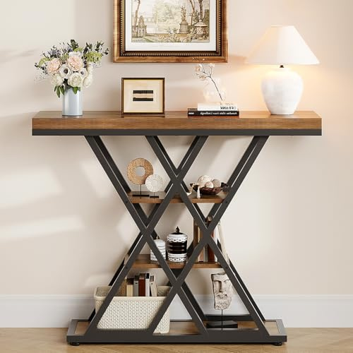 Tohomeor Schmaler Konsolentisch für den Flur Industrieller 4-stöckiger Sofatisch 105 cm Beistelltisch, Flurtisch, Kleiner Ausstellungstisch, Sofatisch für kleinen Raum, für Eingang (Braun)