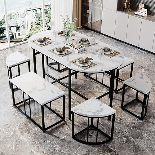 Massbinet Dining room table set with six chairs Dining group with white MDF seat cushions and gold-plated iron frames Modern luxury tables and chairs