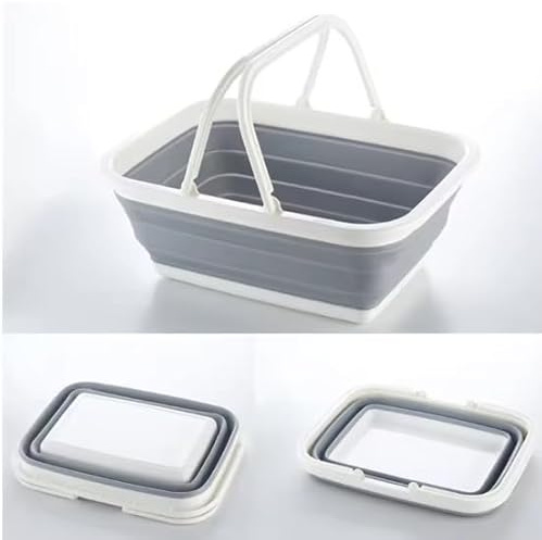 Collapsible Washing Up Bowl – Portable Collapsible Basket with Handles for Kitchen, Outdoor Travel, Caravan, Picnic & Camping Washing Up Bowl Space Saving Collapsible Tub, Folding Basin Gray & White