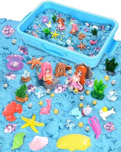 Velozenithize Set di Sabbia Cinetica Bambini, Questo Set di Sabbia Cinetica Include una Sabbiera, Stampini e Accessori, Adatto per compleanni dei bambini, Natale e altre occasioni (Tema Oceano)
