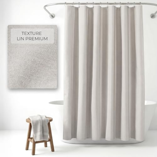 NESTN® Rideau de Douche Lin Texturé 180x180 Gris– Épais 230 GSM Imperméable | 230 GSM – ne colle pas au corps, 100% imperméable, 12 anneaux métalliques à roulements, lavable en machine