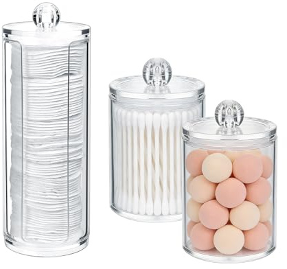 KUKUJIWA 3Pcs Clear Cotton Pad & Cotton Swab Holder with Lid | Acrylic Makeup Organizer Storage Jars for Bathroom, Bedroom, Vanity Desk Cosmetic Storage