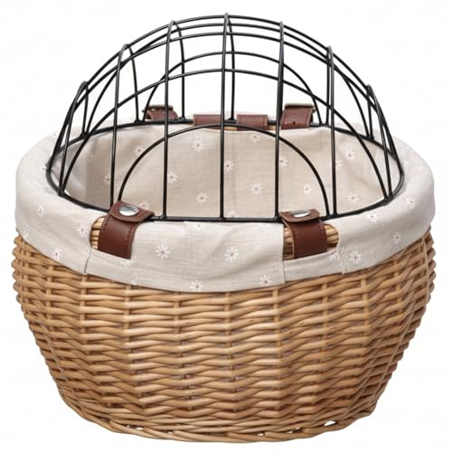 Cestino da bici per cani in rattan con copertura per cani di piccola taglia e gatti – Supporto sicuro per bici per riporre oggetti 12x10x8 pollici