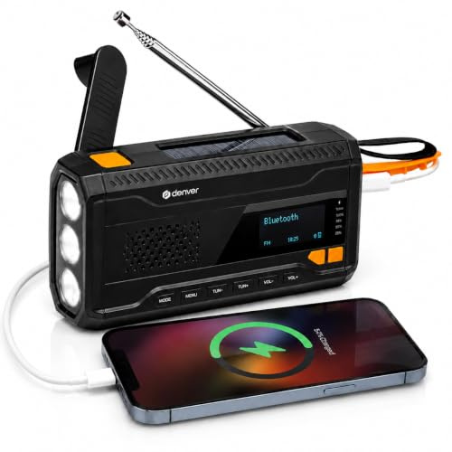 Denver DAB Radio mit Bluetooth, Kurbelradio mit Solar und Powerbank, DAB+ | DAB+, FM, Bluetooth, 2000mAh Akku, Solar, Handkurbel, Powerbank USB-A, 3W LED-Taschenlampe, SOS-Licht, ASA