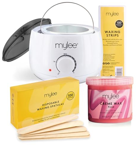 Mylee Waxing Kit, with White Thermostatic Control Wax Heater, Mylee 450g Rose Soft Wax, 100x Waxing Strips, 100x Disposable Wooden Waxing Spatulas