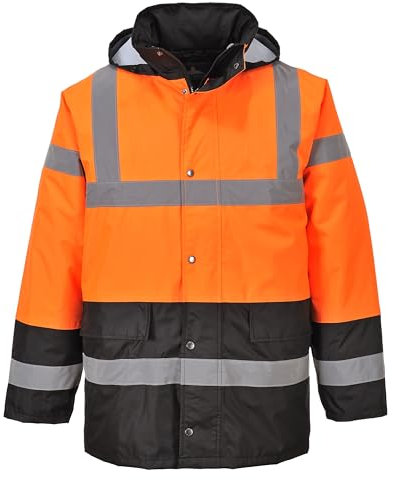 Portwest S467 Men's Hi Vis Contrast Winter Traffic Jacket EN342 CE Certified Waterproof Quilt Lined Storm Flap Reflective Tape Hood Safety Coat, Orange/Black, Small