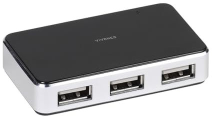 Vivanco USB 2.0 HUB (4-Port aktiv, Metallgehäuse, inkl. Netzteil) schwarz/silber