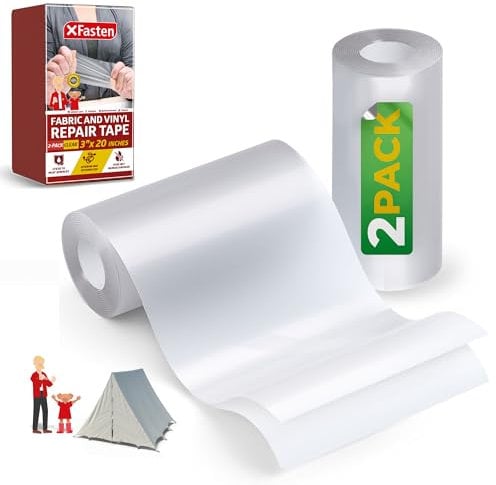 X Fasten Cinta de reparación de tela y vinilo, transparente, 3 x 20 (juego de 2), kit de parche de reparación de agujeros de vinilo impermeable para tiendas de campaña, kayak, aire inflable Colchón