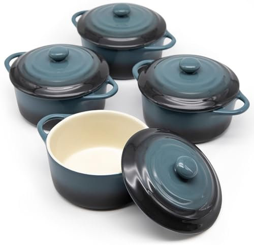 KooK Ceramic Mini Cocotte Set, Small Casserole Dishes With Lids And Handles, Individual Baking Ramekins, Oven, Microwave & Dishwasher Safe, Stoneware, 12 Oz, Set Of 4 (Stone Ombre)