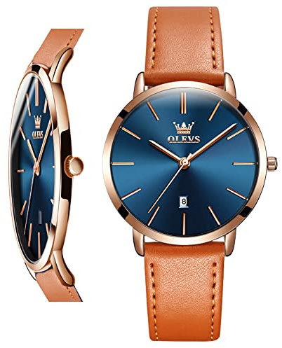 OLEVS Women Wrist Watches Ultra Thin 6.5mm Minimalist Dress Fashion Quartz Waterproof Date Day Leather Strap Slim Watches for Ladies, Tan Leather&Blue Dial, Quartz Movement