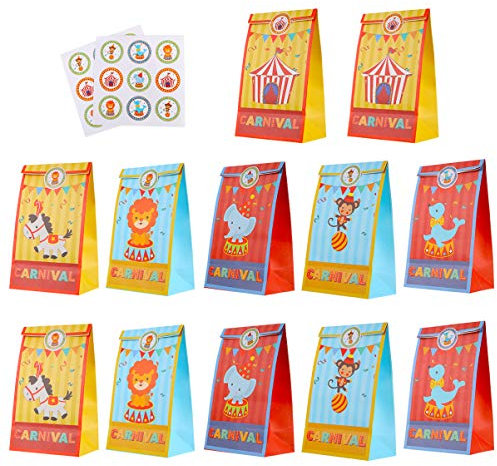 TOYANDONA Papier-Geschenktüten mit 18 Aufklebern, Zirkus-Partyzubehör, Süßigkeiten, Kekse, Geschenktüten für Zirku, Kindergeburtstag, Partyzubehör, Gastgeschenk, 12 Stück