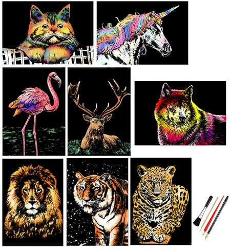 Scratch & Sketch Art Paper A4 für Kinder & Erwachsene, Rainbow Painting Night View Art & Craft, Gravur Art Set, 8 Blatt Scratch Cards & Scratch Drawing Pen, Clean Brush
