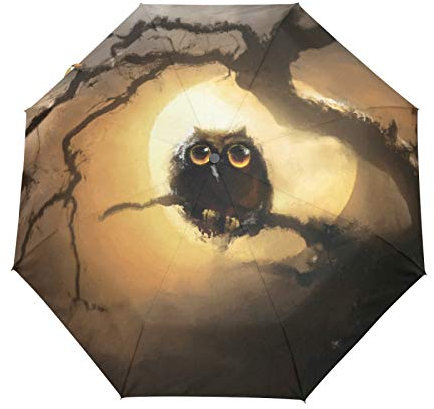 Halloween Eule Vogel Mond Regenschirm Taschenschirm Automatische Umbrella Winddichte Sonnenschutz Regenschirme Taschenschirme für Damen Herren
