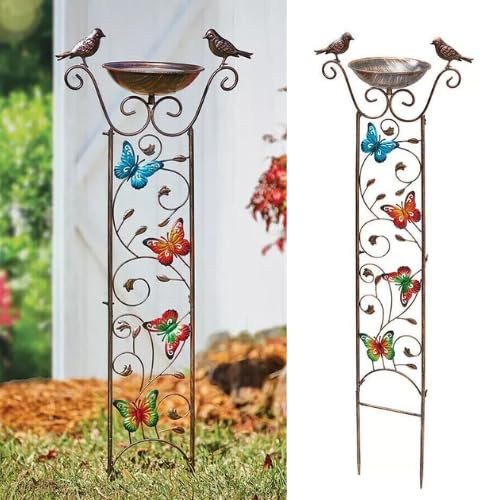 Garden Mile Deluxe Bird Bath or Bird Feeder with Garden Trellis for Climbing Plants Outdoor, with Decorative Butterflies Free Standing stake Detachable Bird Feeder Bowl for Garden Decoration