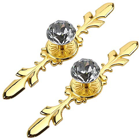 BOZONLI 2 Piezas Pomos de Cristal, Pomos de Armario, Tiradores para Cajones de Cristal de Diamante Pomos de Gabinete con Placa de Dorado y Tornillos (170 mm)