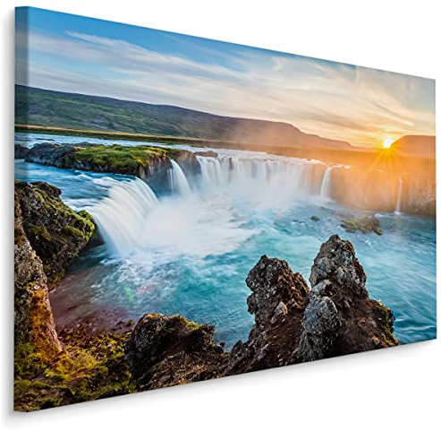 Muralo Leinwandbilder 120x80 Natur Wasserfall Godafoss Island Wasser Fluss Canvas Wandbild Kunstdruck Schlafzimmer Wohnzimmer Wanddekoration Design XXL Br. 120 cm x Hö. 80 cm Br. 120 cm x Hö. 80 cm