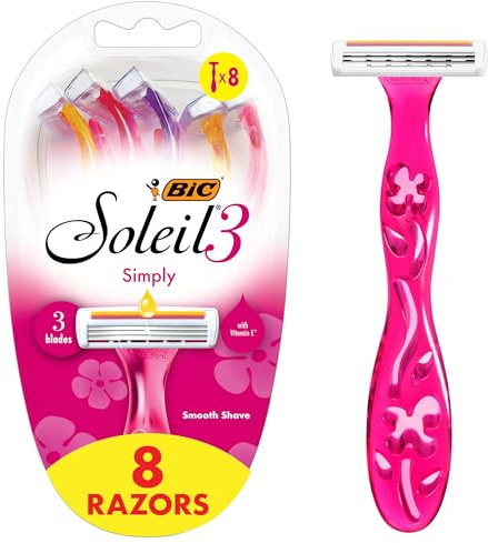 BIC Soleil 3 Simply Damen Einwegrasierer, 3 Klingen, 8 Stück, Aloe Vera | Aloe Vera Feuchtigkeitsstreifen, College Dorm Room Essential, schlanker Kopf für Bikinizone, hält bis zu 4 Wochen pro
