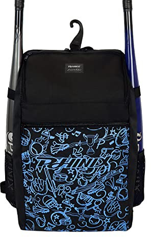 PHINIX T-Ball, Baseball oder Softball Rucksack mit Zaunhaken für Kinder (Schwarz und Blau, L)
