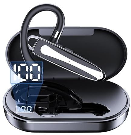 Bluetooth Headset for Cell Phones Wireless Earpiece with Earhooks IPX7 Waterproof Work Ear Piece Hands Free Single In-Ear Headphone with Charging Case for Driving Business Truck Driver Men Women