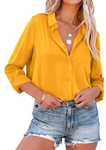 NONSAR Bluse Damen Elegant Lange Ärmel Hemdbluse mit Stehkragen Büroblusen Lässige Oberteile(9352S,Gelb)