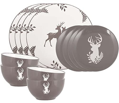 12 Piece Dinner Set Dishwasher/Microwave Safe Dinner Service for Four Grey & White Hand Painted Rustic Stag Stoneware Crockery - 4 Place Settings of Bowl, Side Plate & Dinner Plate