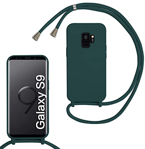 MBSLFY Silikon Handykette für Samsung Galaxy S9 Hülle mit Band,Silikon Necklace Handyhülle mit Abnehmbar Kordel zum Umhängen Stossfest Bumper Handy Schutzhülle für Samsung Galaxy S9, Dunkel grün
