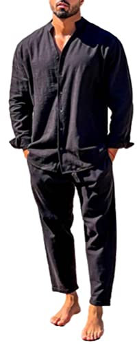 Onsoyours Herren Leinenanzug Zweiteiler Sommer Freizeitanzug Leinenhemd Und Leinenhose Männer Outfit Casual Comfortable Sets Suits Strand Herrenanzug Yoga Anzug A Schwarz 3XL