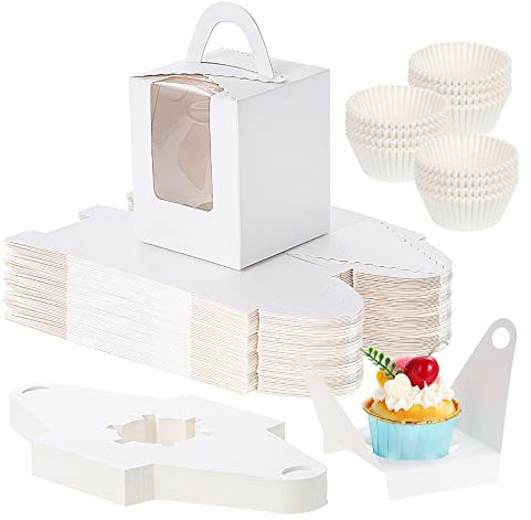 Fippy 50 Stück Cupcake Box 1er mit 100 Stück Papier Cupcake Förmchen, Einzelne Cupcake Boxen mit Griff und Klarsichtfenster, Weiß Cupcake Schachtel für Cupcake Gebäck Kekse Desserts