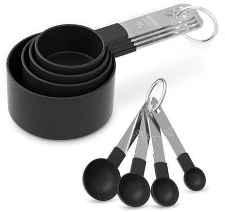 Measuring Cups and Spoons Set, 8 PCS Stackable Measuring Spoons with Stainless Steel Handle, Accurate Tablespoon for Measuring Ingredient, Kitchen Gadgets for Cooking and Baking (9PCS) (Black)