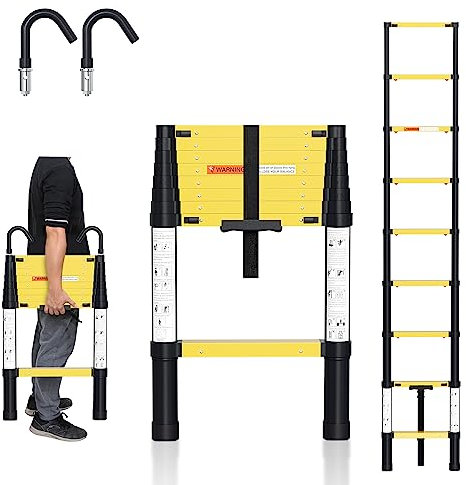 Gimisgu Scala telescopica da 2,6 m, in alluminio, con stabilizzatore, antiscivolo, allungabile, portata 150 kg, scala in alluminio con gancio rimovibile