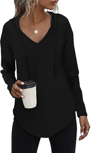 Tanmolo Kapuzenpullover Damen Leichter Pullover Hoodie Sweatshirs mit Taschen für den Herbst Schwarz, XXL