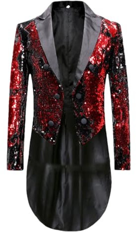 Hndudnff Vintage-Pailletten-Frack, funkelnd, formelles Kleid für Hochzeit, Herren, Party, Anzug-Set, schmale Passform, schwarz / rot, XL