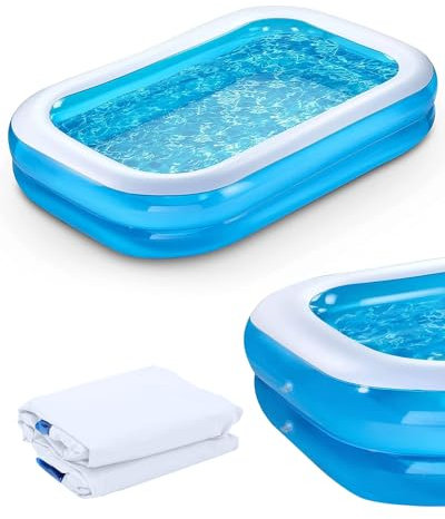 Enkifun Piscine Gonflable Deluxe Bleue Rectangulaire, Double Couche Piscine Rectangulaire Gonflable Grande Piscine Familiale pour Jardin Balcon Piscine Gonflable Enfant & Adulte (262 x 175 x 51CM)