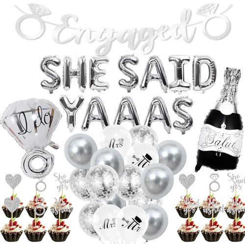 Engagement Party Decorations, Silver Glitter Engaged Banner She Said Yaaas Balloons Banner Diamond Ring Foil Balloon Confetti Balloons Glitter Cake Toppers for Engagement Wedding Party Bridal Shower