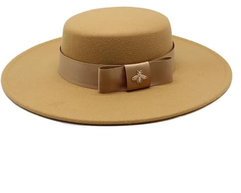 SOYNIA Fedora Trilby Filzhut Hut Weißer Bownot-Fedora-Hut Mit Flacher Oberseite Für Damen Krempe Bankett Eleganter Filzhut Hochzeitskleid-Kappe 56–58 cm Kamel
