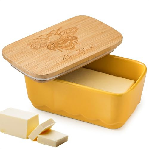 YHOJOY Covered Butter Dish with Lid, Large Butter Dishes for Countertop, Yellow Butter Holder with Airtight Seal Butter Container for East West Coast Butter, HoneyBee Table Decor