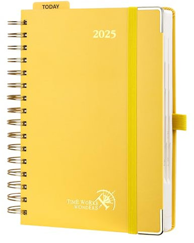 POPRUN Kalender 2025 Tagesplaner Ringbuch mit Hardcover 21,5 x 14,5 cm, Tageskalender A5 1 Tag 1 Seite (Montag - Sonntag), Terminplaner (Jan.2025-Dez.2025) mit Plastiklineal - Hellgelb