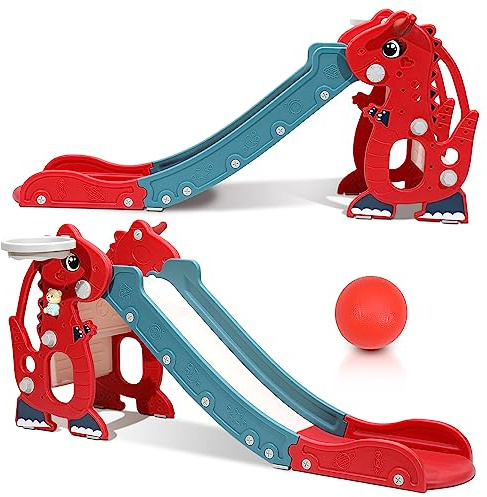 ISOISL Rutsche 4-in-1 Kinderrutsche Faltbar, Kinder Fun-Slide mit Basketballkorb, Rutsche ab 1 Jahr, Indoor & Outdoor Rutschbahn, Baby Rutsche Gartenrutsche -Rot
