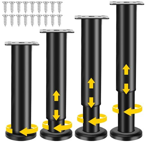 4 Piezas Patas para Muebles, 18-30CM Patas Regulables con 18pc Tornillos, Patas Negras Altura Ajustable para Sofas Armarios Cama Cocina