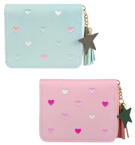 2 Stück Kleines Portemonnaie Damen, PU Mini Geldbörse Damen, Geldbörse Mädchen mit Reißverschluss, Stickerei Anhänger für Mädchen Geburtstag Geschenk (Blau Rosa)